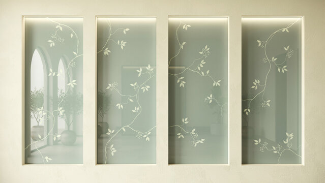 Four frosted glass wall panels with delicate white vine and leaf patterns for interiors