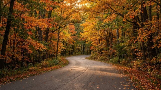 Winding Road Through Golden Autumn Forest Canopy