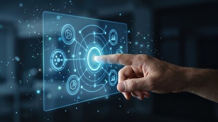 Fototapeta premium Close-up of a male hand interacting with a futuristic transparent holographic user interface, touching a central glowing button surrounded by data icons, charts, and connectivity