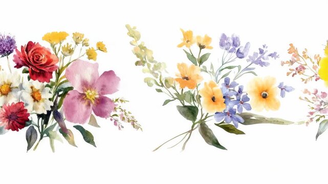 Watercolor Floral Arrangements with Pink, Red, and Blue Blossoms