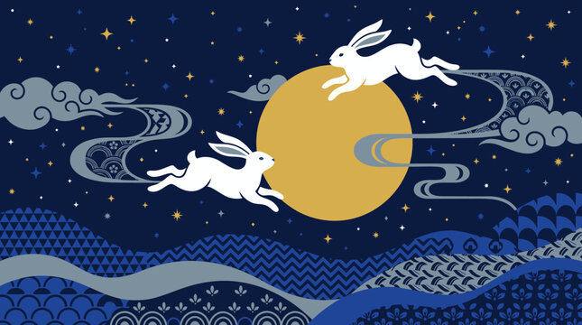 A beautiful artistic illustration featuring two white rabbits jumping across a large yellow moon during the traditional mid autumn festival