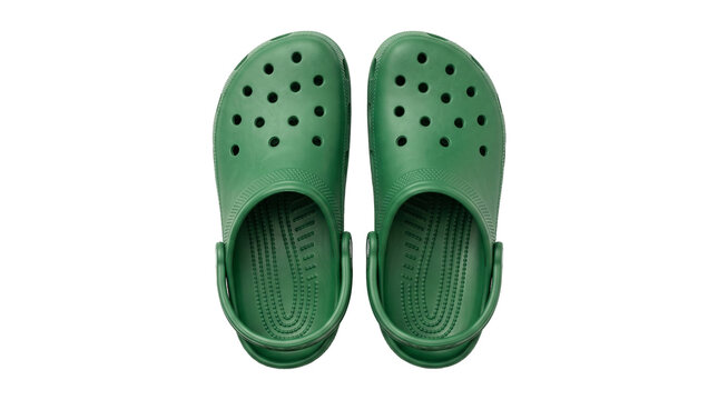Pair of comfortable green rubber clogs footwear used for casual summer wear and hospital work comfort.