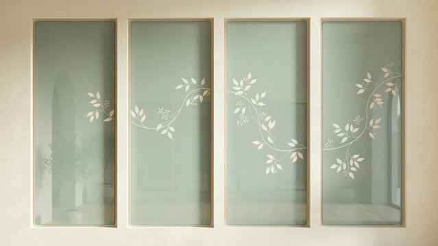 Four frosted glass wall panels with minimalist white vine and leaf patterns for partition