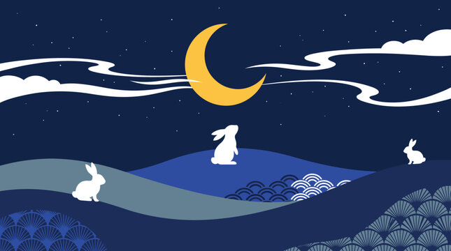 A beautiful artistic illustration featuring white rabbits under a glowing crescent moon during the traditional chinese mid autumn festival celebration