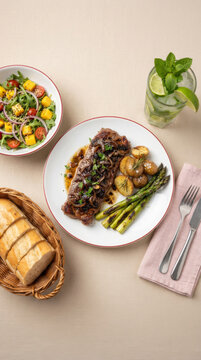Grilled steak dish with caramelized onions, asparagus, potatoes, a colorful salad, Cuban bread, and a refreshing mojito on a set table.