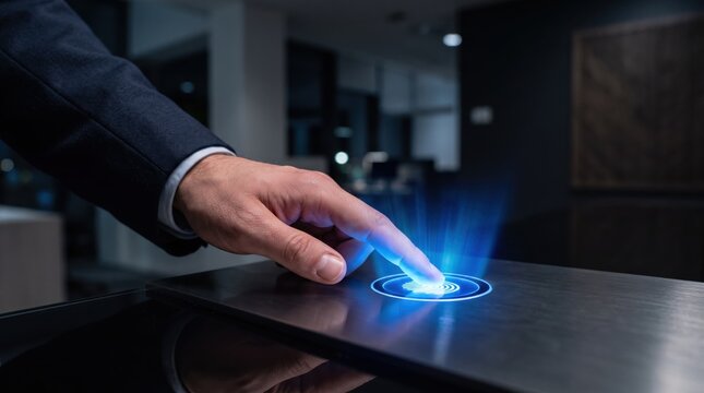 Close up of male hand touching futuristic biometric fingerprint scanner sensor with glowing blue light interface on dark surface, representing advanced cyber security
