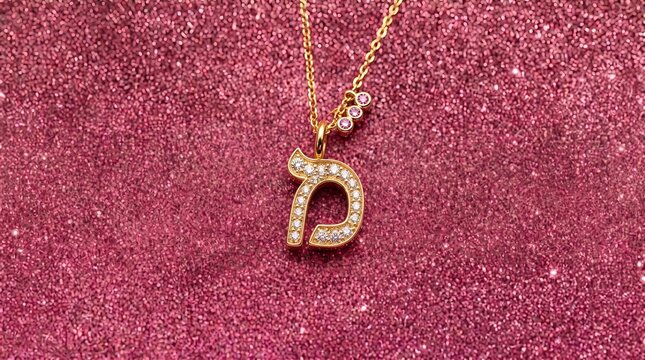 Gold chain necklace with diamond encrusted hebrew letter peh pendant resting elegantly on a sparkling vibrant pink glitter background