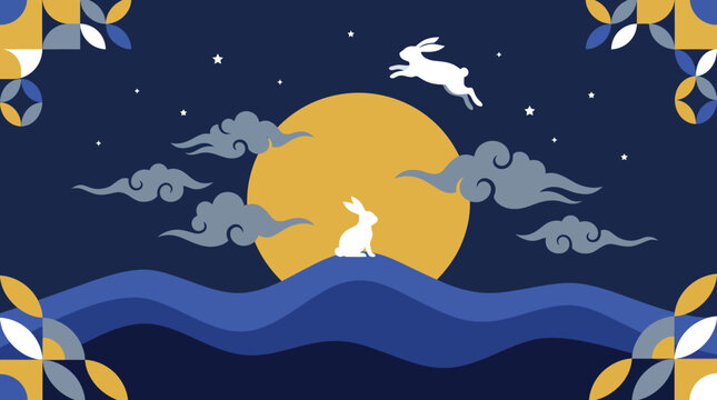 Beautiful artistic illustration featuring a white rabbit jumping over a large yellow full moon during the traditional mid autumn festival