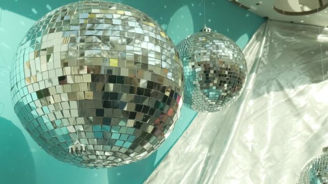shiny disco ball hanging from ceiling for party decoration. reflective disco ball creates sparkling light effects for dance floor. bright disco ball is essential element for nightclub party