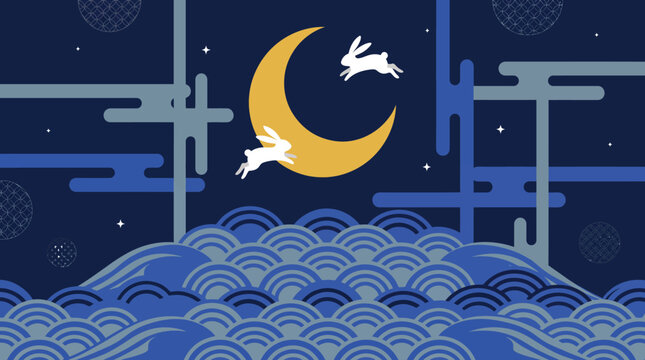 A beautiful artistic illustration featuring a rabbit jumping over a crescent moon during the traditional chinese mid autumn festival celebration
