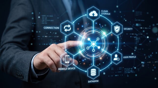 Futuristic hologram interface showing cloud storage, security shield, database, and mobile device icons connected to central network hub, businessman hand touching virtual screen
