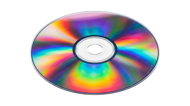 Shiny holographic compact disc with iridescent rainbow reflection for data storage and digital media use.
