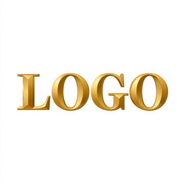 Shiny gold word LOGO rendered in 3D with serif typography. Representing premium branding, luxury, and corporate identity