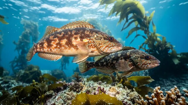 two kelp greenling fish underwater close up at morning light in monterey bay california usa video