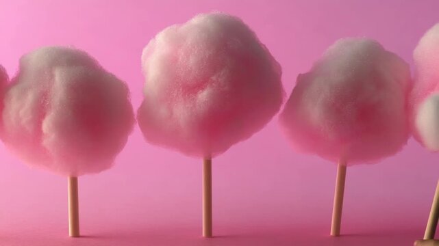 Fluffy Pink and White Cotton Candy on Sticks Against a Pink Background