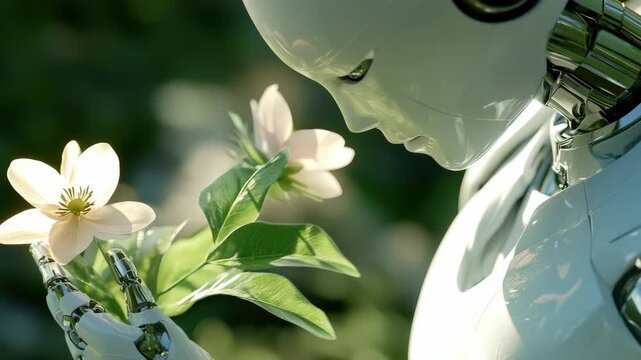 Close-up of a white humanoid robot interacting with a flower