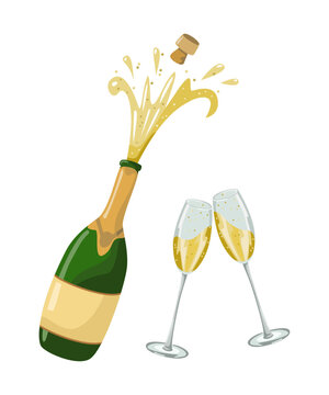 Champagne Bottle Popping Cork with Splash and Two Wine Glasses for New Year, Birthday and Wedding Celebration Design