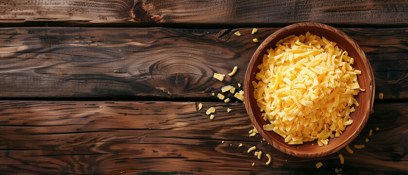 Fresh shredded yellow cheese in a wooden bowl placed on a rustic dark brown table background with ample empty copy space for food blog recipe design presentation concept photography project layout