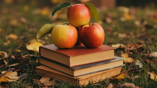 A stack of old vintage books with fresh red apples resting on top in an autumn garden
