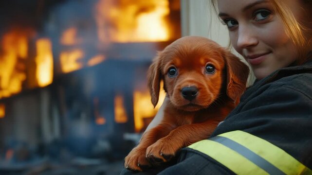 Smiling Female Firefighter Holding a Puppy in a Fire Rescue