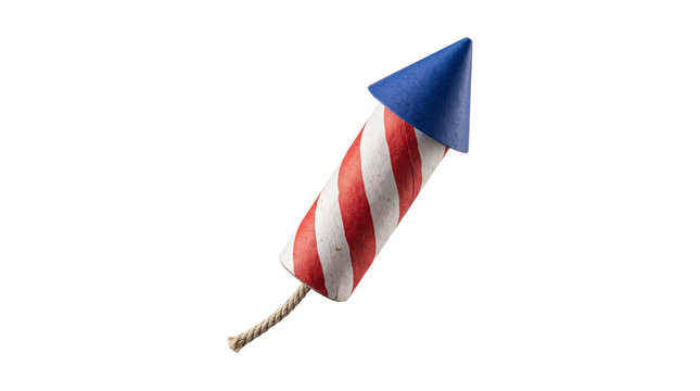 Single firecracker with red and white stripes and blue cone for holiday celebrations.