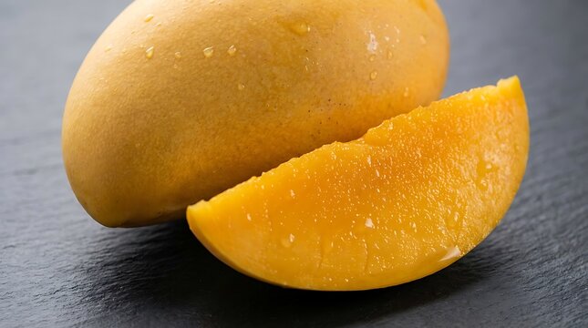 Fresh yellow mango fruit with a slice showing juicy pulp on a dark textured stone kitchen surface. ataulfo mango