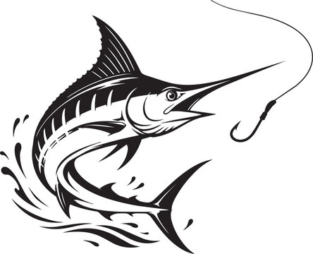 marlin fish silhouette jumping with fishing hook and line vector illustration