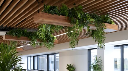 Fototapeta premium Modern office ceiling with wooden slats and hanging green plants creating a natural and serene indoor environment
