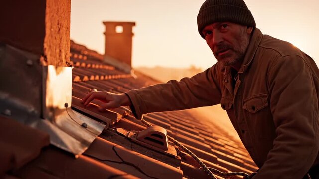 Roofer installs roof tiles at sunset on residential building. Worker repairs roof with tiles. Construction worker places tiles on roof. Man roofer working on rooftop at sunset with chimney visible.