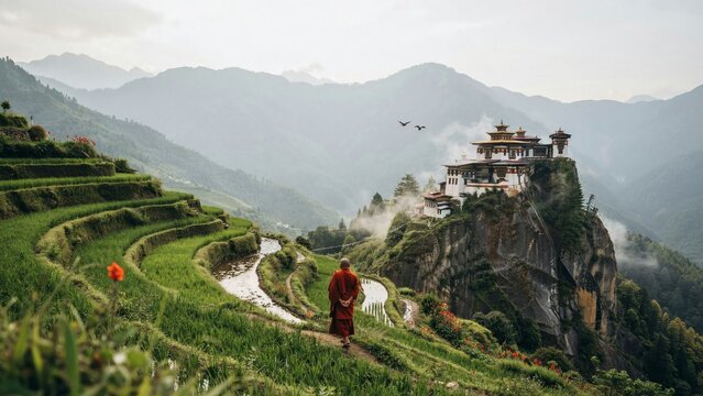 A breathtaking vista of punakha dzong a majestic fortress monastery nestled in the lush mountainous landscape of bhutan offering serenity