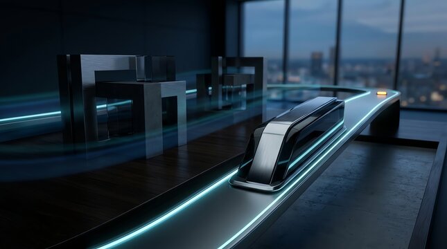 Modern architectural model showing a futuristic autonomous maglev vehicle on glowing track