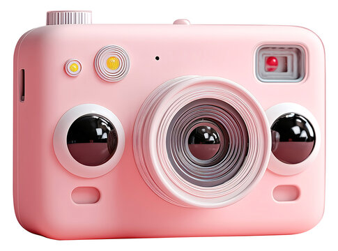 Cute pink camera with big, expressive eyes on lens gives playful and whimsical appearance. design is modern and charming, appealing to those who enjoy fun and quirky gadgets., isolated