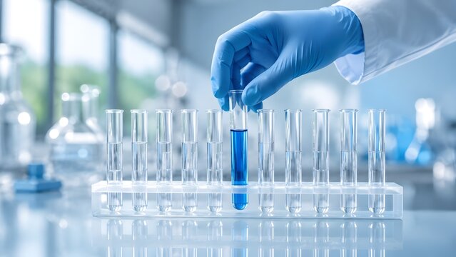 Scientist Hand Selecting Chemical Sample Test Tube In Laboratory Rack Row