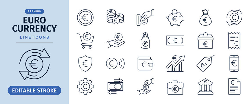Euro currency line icon set for European money and finance transaction, vector illustration