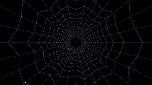 3D Geometric Spider Web Tunnel Loop with Glitch RGB Anaglyph Effect
