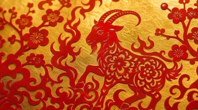 Red paper cut Chinese zodiac goat on gold background.