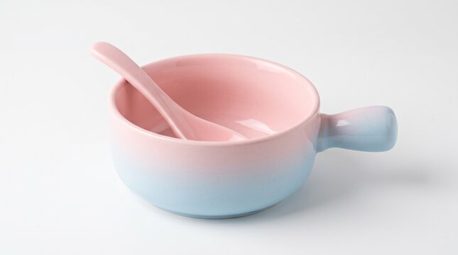 Ceramic bowl with handle and spoon, pastel pink and blue gradient kitchenware