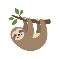 Naklejka premium Happy cartoon sloth hanging from a tree branch with green leaves. A friendly and relaxed animal character, perfect for nature, wildlife, and children's designs