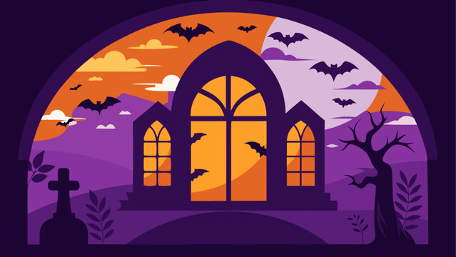 Spooky Halloween scene, haunted house, bats and full moon