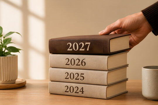 Stacking books representing years from 2024 to 2027.