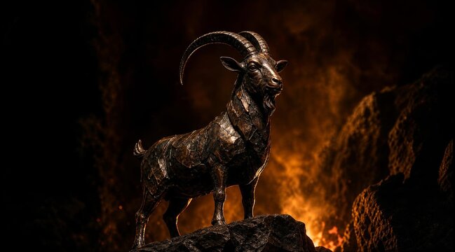 Majestic iron mountain goat statue standing in front of roaring inferno.