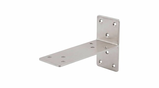 Brushed stainless steel l-bracket featuring heavy duty reinforced construction with multiple pre-drilled holes for secure mounting on flat wall surfaces