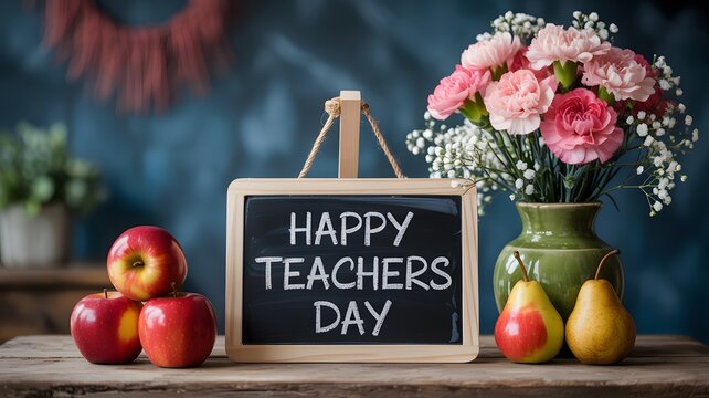 A rustic chalkboard with happy teachers day written on it surrounded by fresh apples and flowers