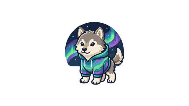 Cute wolf puppy wearing a colorful hoodie with northern lights background.