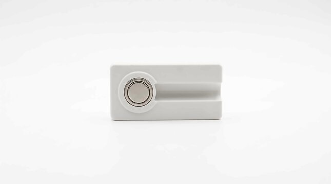 Minimalist white smart home wireless doorbell button featuring a metallic circular sensor center captured with clean soft studio lighting illumination