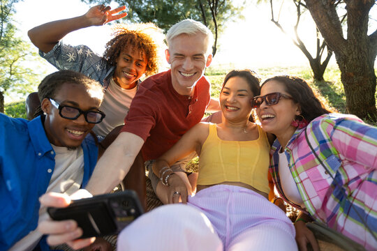 Friends lying over blanket in a park taking selfie on smartphone