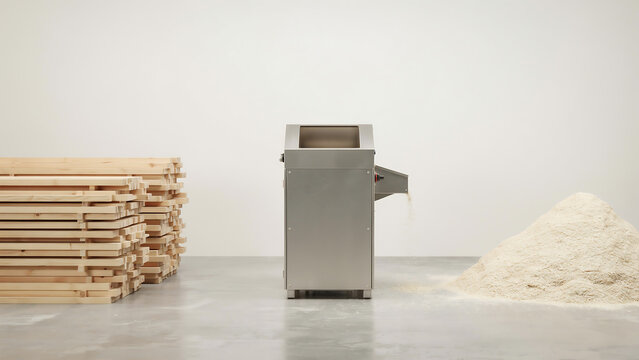 Industrial waste to raw material processing with wood stacks machine and refined granules on concrete floor