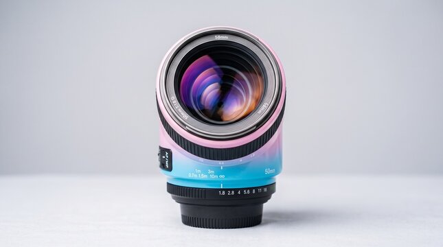 Close-up of a modern camera lens with vibrant pink and blue gradient aesthetic design.