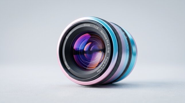 Close-up of a modern camera lens with iridescent metallic finish on a white background.