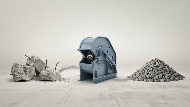 Industrial waste concrete blocks being processed into raw material aggregate by a heavy recycling machine